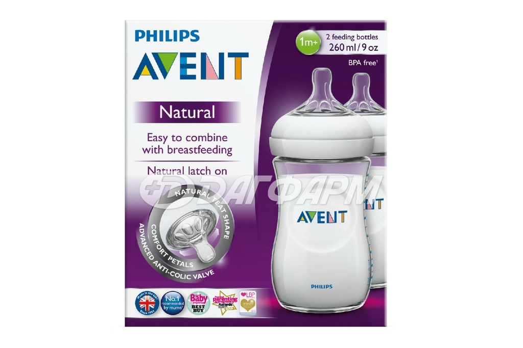 AVENT бутылочка д/кормления natural 1мес+ №2 260мл scf033/27