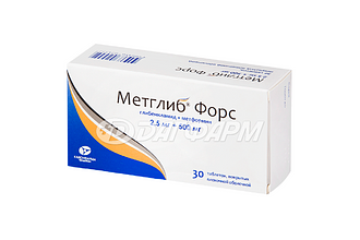 МЕТГЛИБ ФОРС таблетки, покрытые пленочной оболочкой 2.5мг+500мг №30